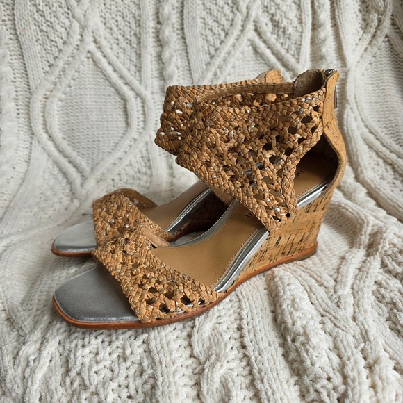 Donald Pliner Lagos Cane Wedge Sandals Cork Woven Strappy Silver‎ Size 8M - Picture 1 of 5